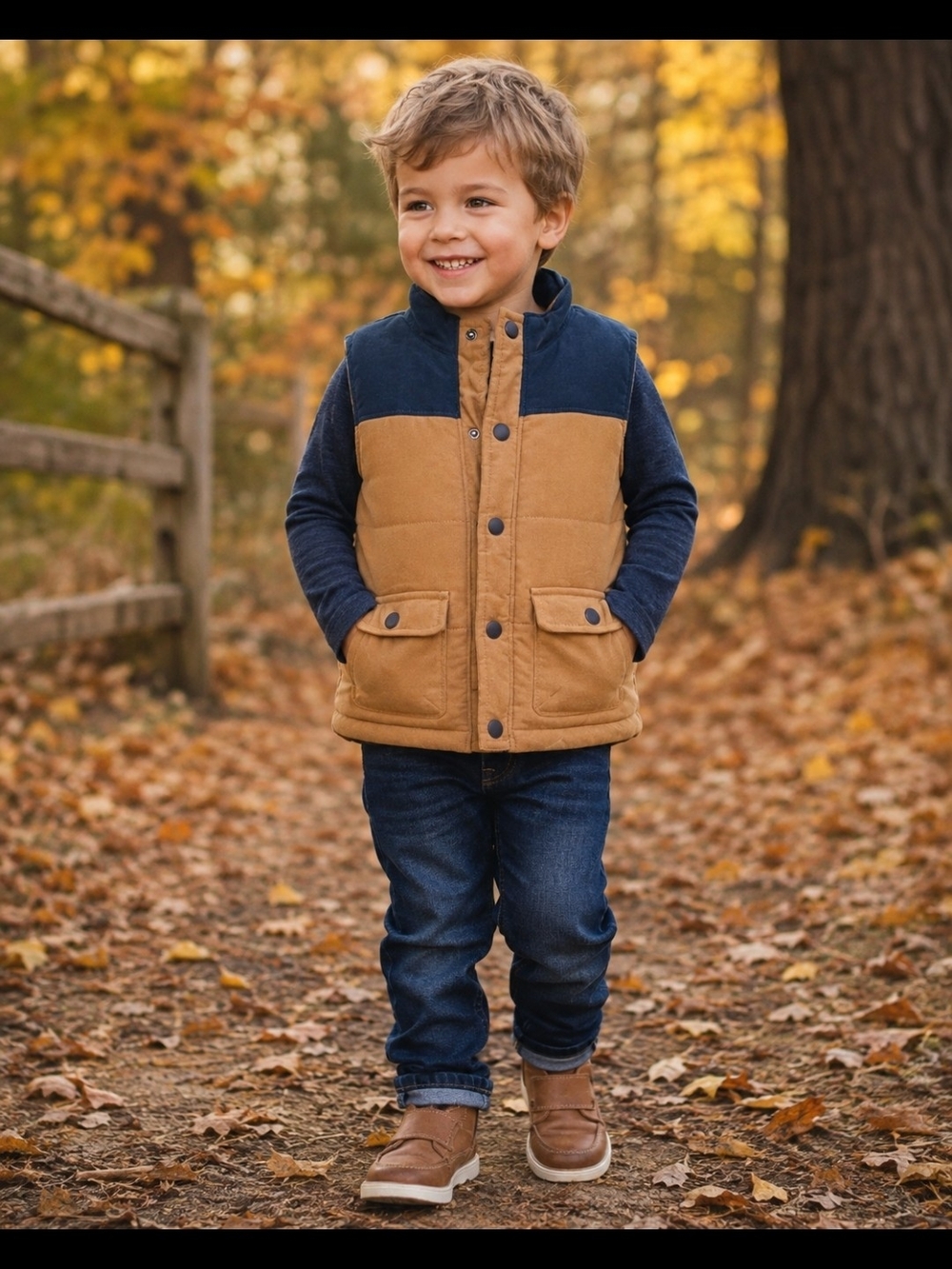 Kids Tan Corduroy Quilted Vest with Navy Yoke